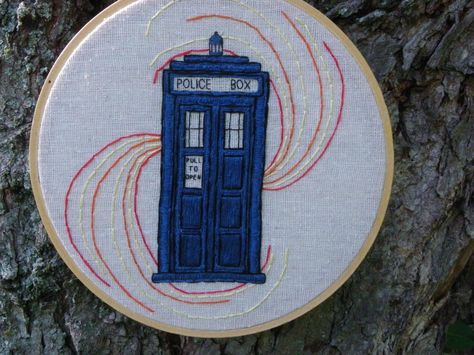 tardis dr who embroidery Tardis Embroidery, Doctor Who Embroidery, Embroidery Patterns Cross Stitch, Distressed Tshirt Diy, Distressed Tshirt, Embroidered Hoop, Ideas Embroidery, Embroidery Hearts, Doctor Who Tardis