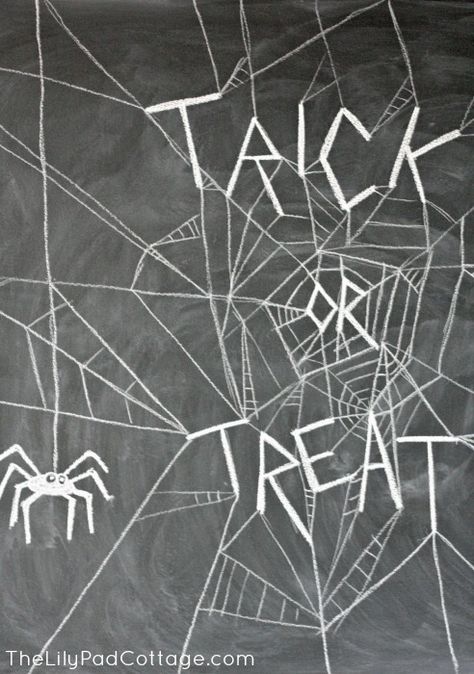 Spooky Season Chalkboard Art, Spider Chalkboard Art, Happy Halloween Chalkboard Ideas, Spiderweb Chalkboard Art, Halloween Bar Chalkboard Art, Trick Or Treat Art, Plastic Pumpkins Crafts, Treat Art, Halloween Chalkboard Art