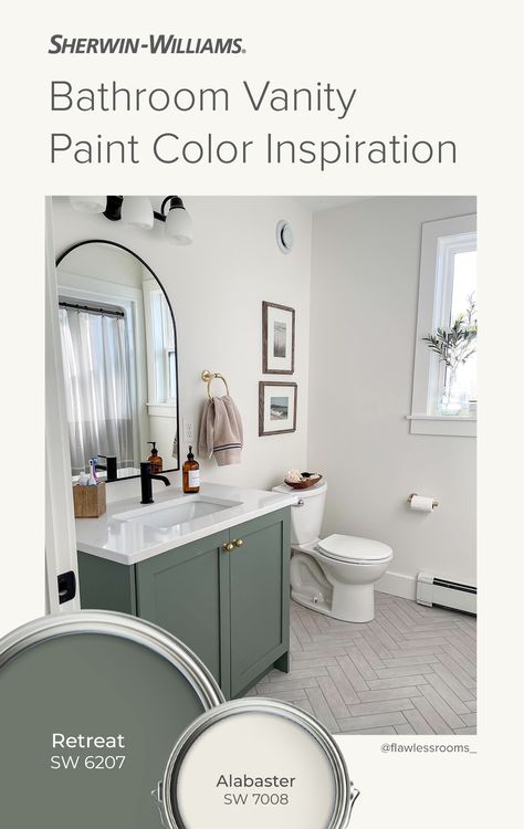 Retreat Sherwin Williams Color Palette, Green Paint For Bathroom Vanity, Sw Alabaster Bathroom Walls, Muted Color Bathroom, Sw Alabaster Color Scheme, Alabaster Sherwin Williams With Green, Green Paint With Alabaster, Small Bathroom Cabinet Paint Colors, Retreat Paint Color Sherwin Williams