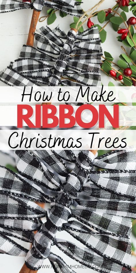 You're going to love these cinnamon stick ribbon tree ornaments! They're one of the best DIY crafts to make this Christmas! Use this step by step tutorial to learn how to make this easy holiday decor idea with scrap ribbon and cinnamon sticks. Get your supplies at Dollar Tree to decorate your tree in rustic Fixer Upper style. Twig Ribbon Christmas Tree, Christmas Tree Stick Ornaments, Twine Wrapped Ornaments, Cinnamon Stick Trees, Ribbon Crafts For Christmas, Christmas Crafts With Ribbon Diy, Ornaments With Cinnamon Sticks, Cinnamon Stick Fabric Tree Ornament, Christmas Craft With Ribbon