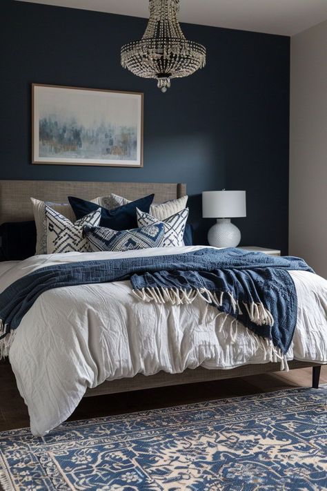 Blue And Gray Guest Bedroom, Blue Bedroom With Black Furniture, Cream Navy Bedroom, Navy And Gray Master Bedrooms Decor, Dark Navy Bedroom Wall, Small Navy Bedroom, Cozy Navy Bedroom, Navy Comforter Bedroom Room Ideas, Deep Blue Bedroom Ideas