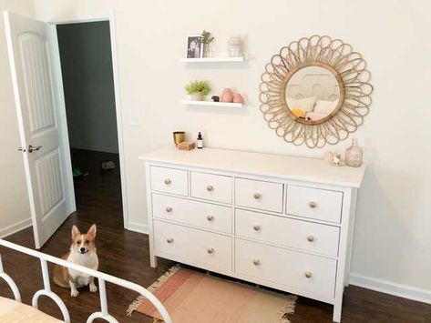 Dresser Decor No Mirror, Shelves Above Dresser, Above Dresser, Seattle Apartment, Dresser Shelves, Tall Plant, Wall Mirror With Shelf, Flower Mirror, Dream Apartment