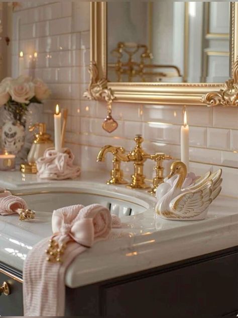 Girly Decor Apartment, Girly Bathroom Aesthetic, Affordable Bathroom Design, Coquette Bathroom, Coquette Home, Cozy Coquette, Parisian Bathroom, Romantic Bathrooms, French Cottage Decor