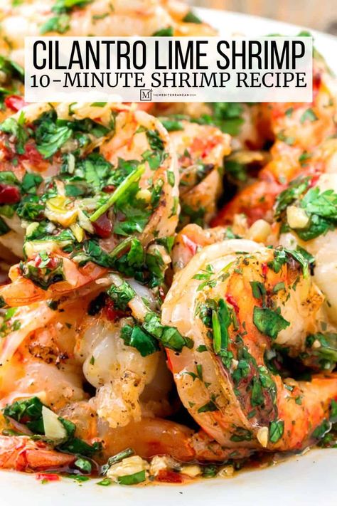 An easy cilantro lime shrimp recipe with garlic and harissa. Juicy, flavorful, and ready in 20 minutes or less! Cilantro Shrimp, Spinach Recipes Healthy, Recipe With Garlic, Mediterranean Recipes Healthy, Cilantro Recipes, Cilantro Lime Shrimp, The Mediterranean Dish, Grilled Shrimp Recipes, Real Foods