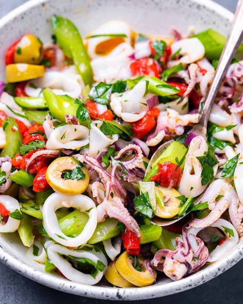 Calamari Salad, Squid Salad, Feast Of The Seven Fishes, Calamari Recipes, Squid Recipes, Seven Fishes, Italian Seafood Recipes, Celery Green, Fish Salad