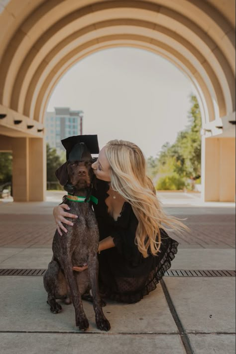 Senior Photoshoot Ideas With Dog, College Graduation Pictures Western, College Graduation Pictures Dog, Dog Grad Pics, Grad Photoshoot With Dog, Graduation Pictures Dog, College Senior Pictures Teacher Education Major, Grad Pic With Dog, Graduation Photoshoot With Dog