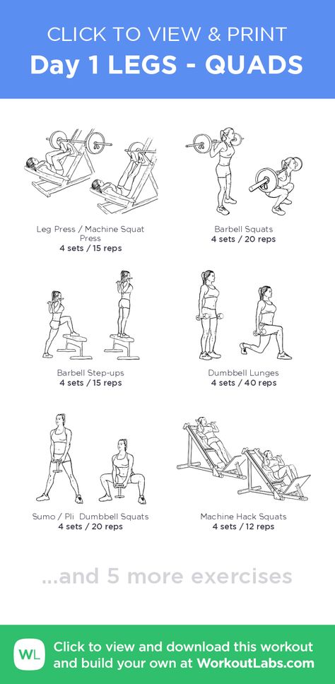 Day 1 LEGS - QUADS – click to view and print this illustrated exercise plan created with #WorkoutLabsFit Quad Leg Day, Quad Exercises For Women, Workout Labs, Quads And Hamstrings, Calf Exercises, Gym Workout Plan For Women, Gym Plan, Best Workout Plan, Hamstring Workout