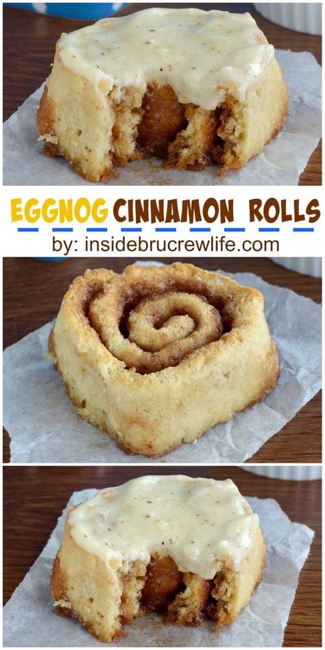 These easy NO YEAST cinnamon rolls can be made and eaten in less than an hour Eggnog Dessert Recipes, Eggnog Cinnamon Rolls, Yeast Cinnamon Rolls, No Yeast Cinnamon Rolls, Eggnog Dessert, Eggnog Recipes, Sweet Roll Recipe, Cinnamon Rolls Easy, Eggnog Recipe