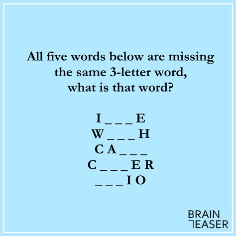 All 5 are valid English words, completed by the same 3-letter word. #braineaser #brainteaser #brainteasers #puzzle #puzzles #riddle #riddles #riddlemethis #braingame #braingames #wordplay #words #quiz #challenge #thinking English Riddles With Answers, English Puzzles, Word Puzzles Brain Teasers, Word Brain Teasers, Puzzle Games Brain Teasers, English Riddles, Word Riddles, Grammar Jokes, Learning Websites For Kids