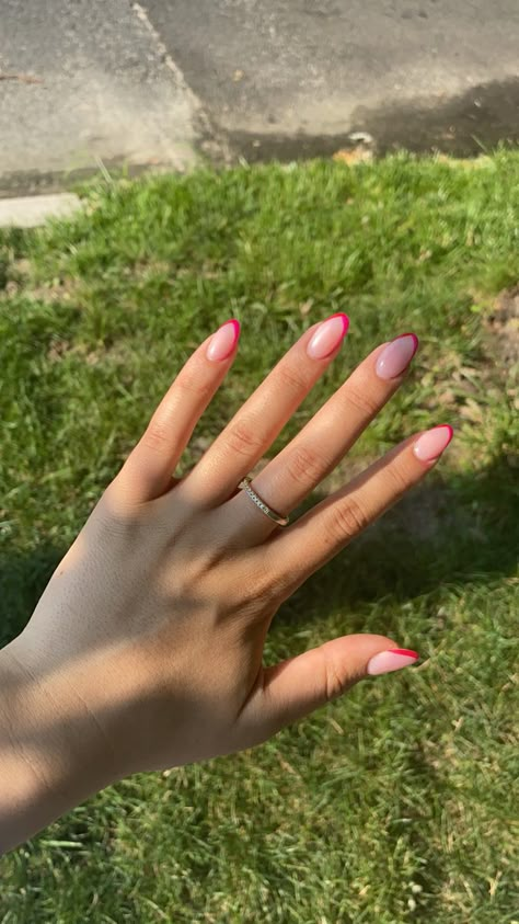 Hot Pink Tip Nails Almond, Subtle Hot Pink Nails, Natural Hot Pink Nails, Makeup Look For Hot Pink Dress, Holiday Nails Summer 2023 Pink, Nails That Go With Pink Dress, Nails For Pink Dress Prom, Hot Pink Bachelorette Nails, Fushia Prom Nails