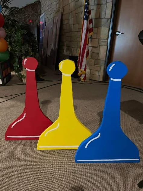 Sorry Board Game Decorations, Twister Party Decorations, Game Show Decorations, Board Game Homecoming Theme, Giant Board Game Decorations, Vbs Candyland, Board Game Parade Float, Giant Game Pieces Diy, Board Game Theme Party Decorations