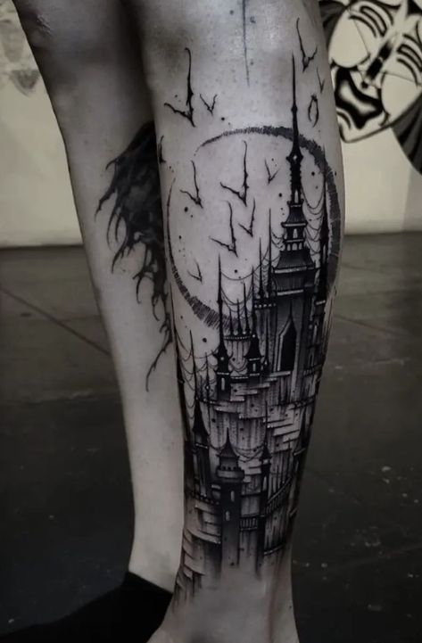 Spooky Blackwork Tattoo, Tattoo Wade, Gothic Tower, Cathedral Tattoo, Trippy Tattoo Ideas, Tower Tattoo, Trippy Tattoo, Castle Tattoo, Goth Tattoo