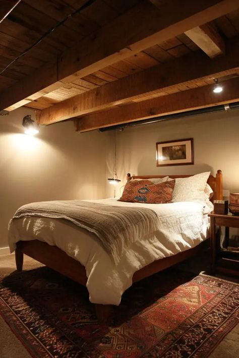 Converting an unfinished basement into a bedroom can provide extra space and add value to your home. It might seem daunting, but with some planning and creativity, you can transform the often-overlooked area into a cozy and inviting retreat. Here are 25 Transformative Unfinished Basement Bedroom Ideas. Rustic Basement Bedroom Ideas, How To Make A Basement Bedroom Cozy, Temporary Basement Bedroom, Bedroom No Windows Ideas, Basement Bedroom No Windows, Cozy Unfinished Basement, Basement Bunk Room, Low Ceiling Basement Ideas, Open Ceiling Basement