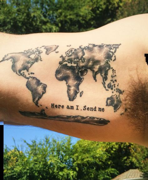 "Here am I. Send me" Isaiah 6:8 #map #bible #adventure #travel #isaiah6:8 #wanderlust #tattoo #traveltattoo #maptattoo #menstattoo Here I Am Lord Send Me Tattoo, Here I Am Send Me Tattoo, Isaiah 6 8 Tattoo, Send Me Tattoo, August Tattoos, Tattoo Earth, Tattoo Map, Vw Tattoo, World Map Tattoo