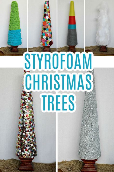 Styrofoam Xmas Tree Ideas, Styrofoam Trees Ideas, Christmas Styrofoam Trees, Styrofoam Christmas Tree Crafts, Crafts With Styrofoam Cones, Diy Foam Christmas Tree, Styrofoam Crafts Christmas, Styrofoam Tree Crafts, Diy Styrofoam Christmas Tree Ideas