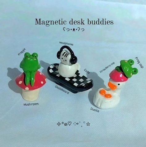 Magnetic desk friends 🥹🥹 ∘⁠˚⁠˳⁠°～｡⁠☆ Match with bestie? DM to order😖💗 Skateboard cato 🐈 Mushroom froggie🐸 Frog/Strawberry duckie🍓 They all are handmade with clay, coated with paint and secured in Resin 😙🍓 Keywords: Handmade, handmade clay charms, handmade beaded jewelry, beaded jewelry, clay buddies, clay desk friends, air dry clay, polymer clay, clay charms Clay Skateboard, Frog Strawberry, Desk Friend, Desk Buddy, Jewelry Clay, Clay Clay, Clay Polymer, Cute Clay, Jewelry Beaded