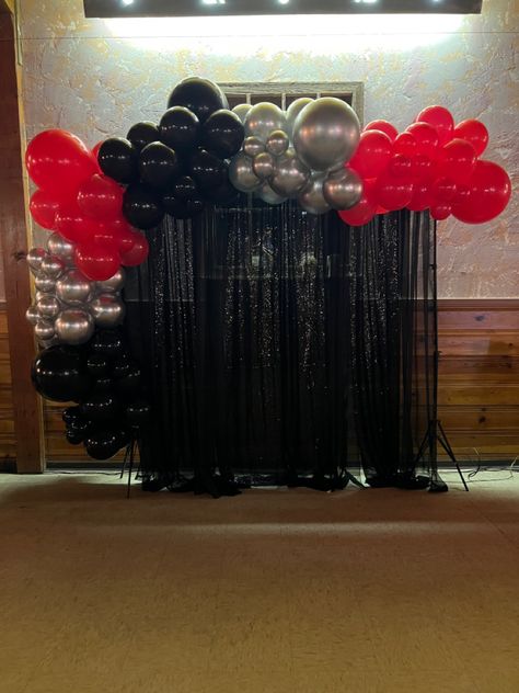 Red Black And White Birthday Party Ideas, Red Black And Silver Party Decoration, Red And Black Graduation Party Ideas, Bling Theme, Prom 2k24, All Black Party, Silver Party Decorations, Red Birthday Party, Red Backdrop