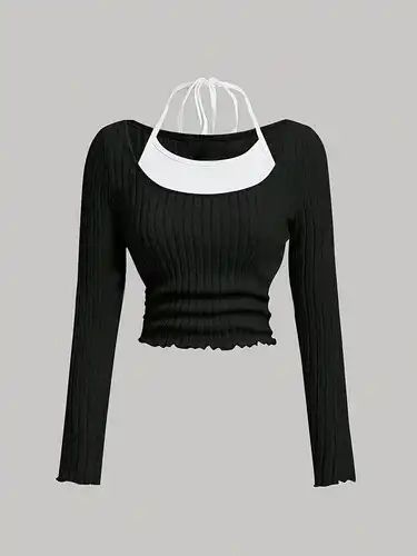 Black And White Shein Outfits, Shein Long Sleeve Top, Ribbed Shirt Outfit, Shein Outfits Black, Aesthetic Tops, Black And White Crop Top, Black And White Crop Tops, Black And White Top, Knot Tie