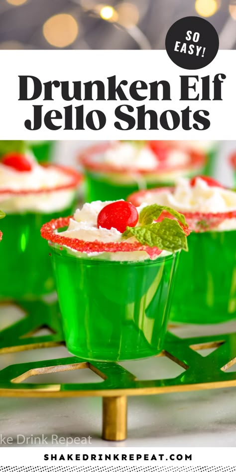 and will surely be a hit with your Christmas-loving guests! Made with citrus rum, lime jello, fresh mint, red hots, and whipped cream, the result is a boozy Christmas jello shot that even Santa's elves would love. Malibu Jello Shots, Lime Jello Shots, Holiday Jello Shots, Shake Drink, Christmas Jello, Christmas Jello Shots, Jello Pudding Shots, Christmas Drinks Alcohol Recipes, Christmas Drinks Recipes