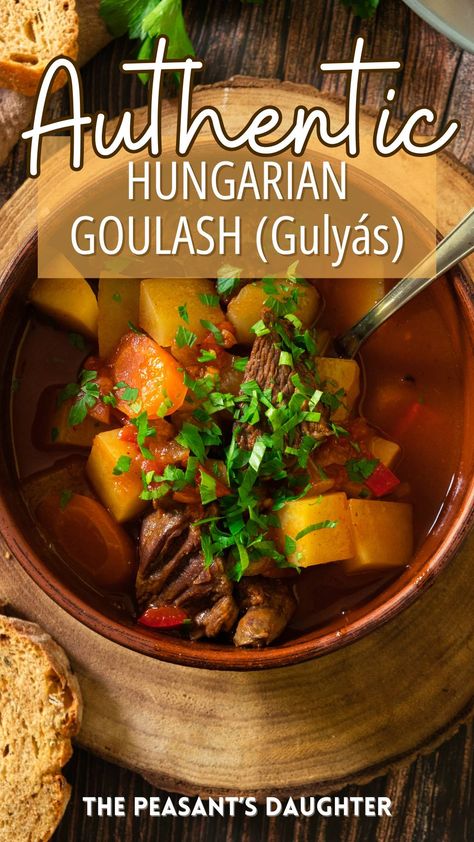 Experience an authentic Hungarian goulash with this traditional goulash recipe! Made with tender beef, onions, garlic, and a blend of sweet and hot Hungarian paprika, this hearty stew is cooked on the stove top to perfection. Packed with vegetables like carrots, potatoes, bell pepper, and tomatoes, it’s the perfect comfort food for any occasion. Easy to freeze for later, this dish brings the taste of Hungary to your table. Try it on the stovetop or in a crock pot for a satisfying meal! Hungarian Goulash Recipes, Traditional Goulash, Hungarian Beef Stew, Hungarian Dishes, Hungarian Goulash, Beef And Vegetables, Hearty Stew, Hungarian Paprika, Goulash Recipe