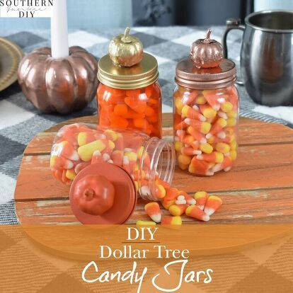 Y’all know I cant make trick or treat bags without making something to hold all the trick or treat candy! This Halloween candy jar hack is super simple & made from all Dollar Tree supplies. These candy jars would even make a cute teacher gift or a little something sweet for your mailperson! Halloween Candy Jar Supplies: Plastic Candy Jars With Lid Small Pumpkins Spray Paint  Hot Glue Gun Find all the product links here Spray paint lids & pumpkins Start by spray paint… Pumpkin Spray Paint, Plastic Candy Jars, Halloween Trick Or Treat Bags, Halloween Candy Jar, Winter Tree Decorations, Mini Pine Cones, Trick Or Treat Candy, Potpourri Recipes, Fall Candy