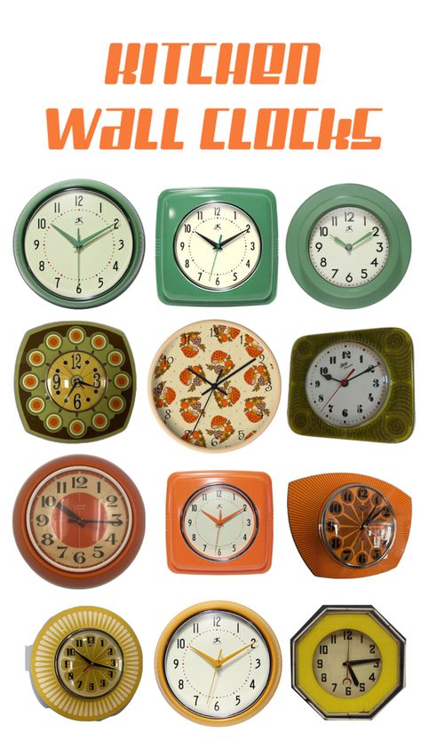 Green Orange Yellow Vintage Retro themed wall clocks 70s Theme, Themed Kitchen, Kitchen Wall Clocks, Kitchen Themes, Retro Kitchen, Kitchen Wall, Wall Clocks, 9 And 10, Wall Clock