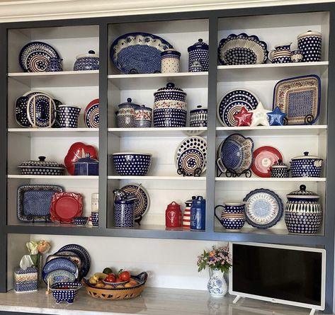 Open Shelving Plates And Bowls, Floatimg Shelves With Plates, Polish Pottery Display Ideas, Polish Pottery Inspired Kitchen, Polish Pottery Kitchen, Boleslawiec Pottery, Open Kitchen Shelves, Kitchen Display, Polish Pottery