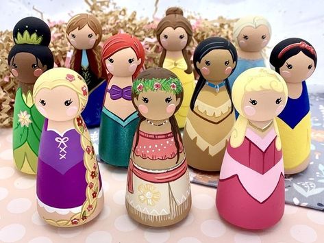 Princess Peg Dolls, Mermaid Beauty, Wood Peg Dolls, Daniel Tiger, Handmade Wooden Toys, Peg People, Clothespin Dolls, Frog Prince, Pin Doll