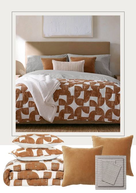 Nate Berkus Home Decor Bedroom Collection On Amazon - bold graphic print in a terra cotta rust color paired with gray and white striped sheets Best Sheets, Nate Berkus, Percale Sheets, Striped Sheets, Green Colour Palette, Cooling Blanket, Cotton Comforters, Twin Quilt, Quilted Coverlet