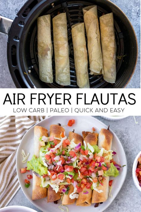 Low Carb Chicken Flautas Air Fryer, Air Fried Flautas, Air Fry Flautas, Airfryer Flautas, Low Carb Flautas, Flautas Recipe Air Fryer, Airfryer Tacos, Flautas In Air Fryer, Flautas Air Fryer