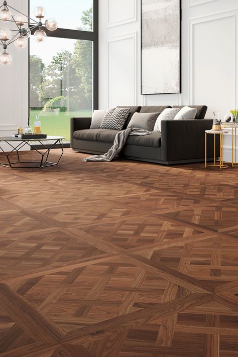 In the 17th century in the Palace of Versailles, it exuded its charm in the famous, world-famous Hall of Mirrors: parquet flooring. But the queen among parquet floors today still cuts a fine figure. And it's anything but old-fashioned. Strong contrasts when choosing the selected living materials are particularly suitable for the modern staging of this noble parquet flooring. Parkay Flooring, Urban Modern Interior Design, Flooring Showroom, Parquetry Floor, Parquet Design, Versailles Pattern, Wood Parquet Flooring, Lake Austin, Cool Couches