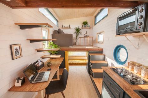 Tiny House Valhalla, designed by Baluchon, features floating steps that lead to a sleeping loft. Two Bedroom Tiny House, Design Casa Piccola, Tiny Home Office, Tiny House Interior Design, Light Hardwood Floors, Tiny House Trailer, Tiny House Bathroom, Tiny House Kitchen, Tiny House Movement