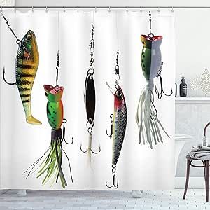 Ambesonne Fishing Decor Shower Curtain, Various Type of Fishing Baits Hobby Leisure Sports Hooks Catch Elements Image, Fabric Bathroom Decor Set with Hooks, 69" W By 70" L, Multi 10 Fishing Bathroom, Fishing Bathroom Decor, Sports Game Room, Fish Shower Curtain, Rustic Shower Curtains, Fish Bathroom, Wooden Barn Doors, Easy Hobbies, Fish Decor