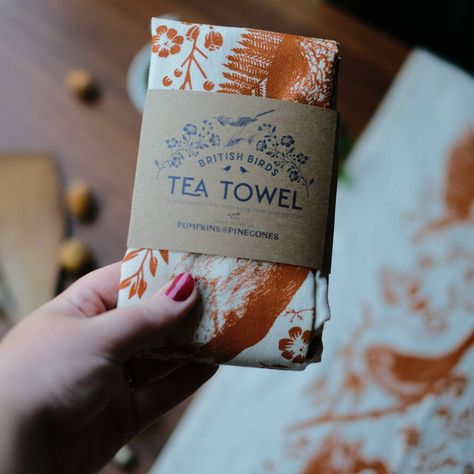 Tea Towel Packaging, Towel Packaging, Screen Print Tea Towels, British Birds, Printed Tea Towel, Orange Colour, Burnt Orange Color, Card Sleeve, Cotton Tea Towels