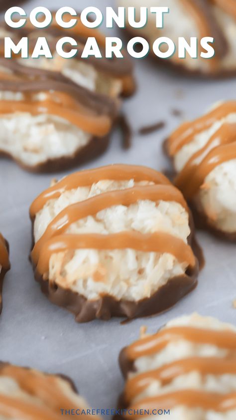 These Coconut Macaroons are soft and chewy, perfectly moist and super simple to throw together. They taste especially amazing dipped in chocolate and drizzled with caramel. #thecarefreekitchen #coconut #macaroons #cookies #caramel #chocolate #dessert Macaroons Cookies, Easy Coconut Macaroons, Coconut Macaroon Cookies, Coconut Macaroons Easy, Caramel Dessert, Macaroons Recipe, Coconut Macaroons Recipe, Macarons Macaroons, How To Melt Caramel