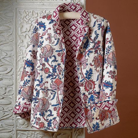 Kerala Saree Blouse Designs, Floral Embroidered Shirt, Unusual Home, Art Deco Dress, Batik Fashion, Reversible Coat, History Art, Quilt Jacket, Jewellery Gifts