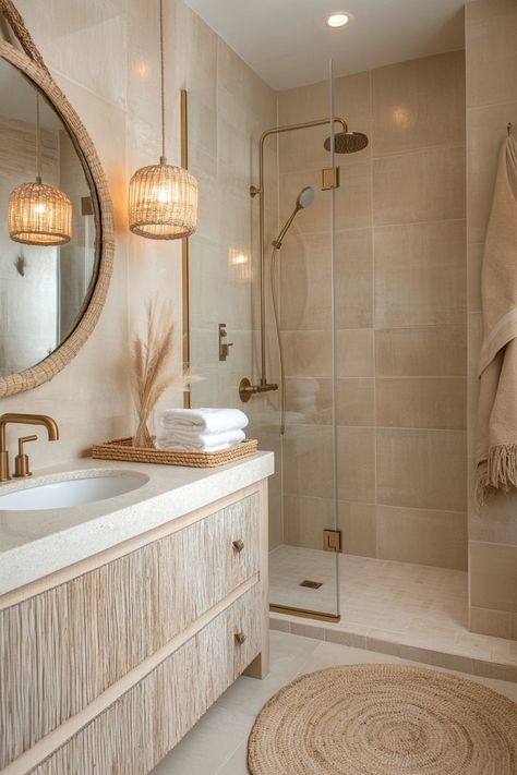 Transform your space with these cozy modern bathroom ideas! Natural textures and warm tones create a serene and inviting vibe. Discover how to blend style and comfort effortlessly. #BathroomDesign #ModernDecor #HomeInspiration Bathroom Ideas Natural, Warm Bathroom Ideas, Cozy Modern Bathroom, Natural Bathroom Design, Earthy Bathroom, Small Full Bathroom, Interior Decoration Ideas, Warm Bathroom, Modern Bathroom Ideas