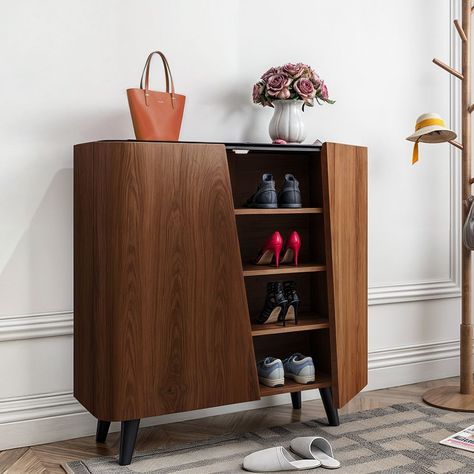 Hernest | Walnut Shoe Cabinet Mid-Century 36" Entryway Shoe Storage 4 Shelves Shoe Cabinet with Iron Legs for Shoe Storage Organizer Mid Century Shoe Cabinet, Foyer Cabinet, Shoe Cabinet Design, Cabinet Entryway, Shoe Cabinet Entryway, Wood Shoe Storage, Bench Storage, Entryway Shoe Storage, Shoe Storage Solutions