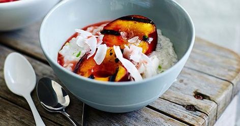 Grilled nectarines with coconut tapioca recipe | Gourmet Traveller Summer Baking Recipes, Barbecue Desserts, Coconut Tapioca, Tapioca Recipes, Nectarine Recipes, Barbecue Chicken Recipe, Summer Baking, Summer Dessert Recipes, Barbecue Chicken