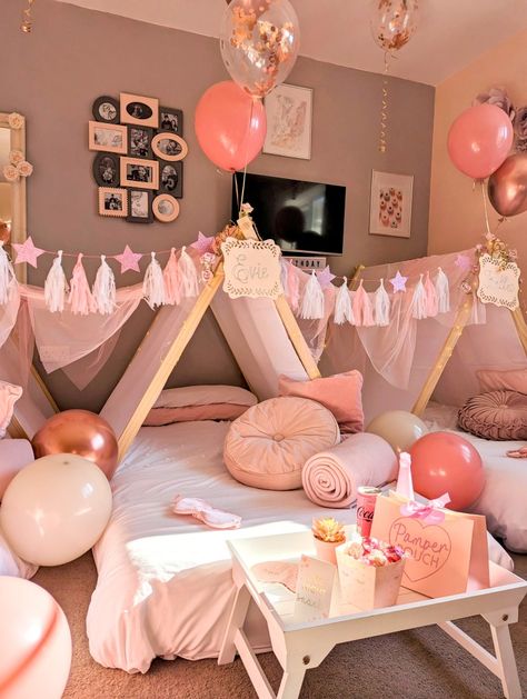 Pink Birthday Slumber Party, Bedroom Ideas For Girls 10-12, Pink Sleepover Ideas, Pink Tents For Party Sleepover, Sleepover Ideas Tents Teepees, Preppy Teepee Sleepover, Sweet 16 Sleepover, Canopy Sleepover Slumber Parties, Slumber Party Decorations