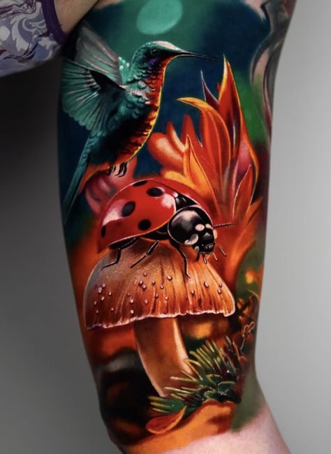 Realism Mushroom Tattoo, Neo Traditional Tree Tattoo, Colour Realism Tattoo, Realism Flower Tattoo, Realistic Color Tattoo, Color Realism Tattoo, Dragon Tattoo Realistic, New School Tattoo Designs, Urban Tattoos