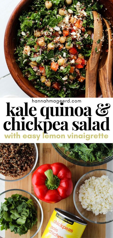 Say goodbye to boring salads! This Kale Quinoa and Chickpea Salad is bursting with flavour, texture, and nutrition! Made with massaged kale, crunchy veggies and sunflower seeds, tricolour quinoa, chickpeas, feta cheese, and a tangy lemon vinaigrette dressing. This recipe is great to meal prep for lunches or enjoy as a side at dinner. #kalesalad #kalequinoasalad #kalechickpeasalad #lemonvinaigrette #vegetarian #plantbased #glutenfree #healthylunch #mealprep Kale And Chickpea Salad, Quinoa Chickpea Salad, Kale Feta, Kale Vegetable, Grain Dishes, Bean Salads, Garbanzo Beans Salad, Salad With Lemon Vinaigrette, Lemon Vinaigrette Dressing