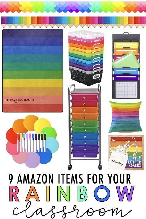 These 9 items for your rainbow theme classroom are all available on Amazon! #teaching #classroom Rainbow Homeschool Room, Rainbow Class Decor, Kindergarten Classroom Rainbow Theme, Prek Classroom Themes, Rainbow Classroom Theme Decor, Colorful Classroom Theme, Rainbow Classroom Theme, Kindergarten Classroom Design, Rainbow Theme Classroom