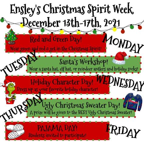 Office Christmas Spirit Week Ideas, Christmas Spirit Week, Holiday Spirit Week, Spirit Week Ideas, Spirit Week Themes, Teacher Appreciation Themes, December Lessons, School Spirit Week, School Spirit Days