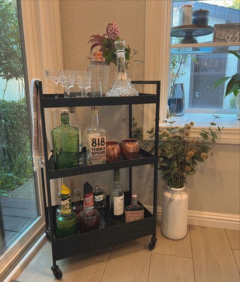 Men’s Bar Cart Ideas, Bar Cart Men, Nissafors Bar Cart, Bar Carts Styling, Apartment Bar Ideas, Mens Home Decor Masculine Interior, Man Apartment Decor, Mens Apartment Decor Masculine Interior, Bar Cart In Living Room