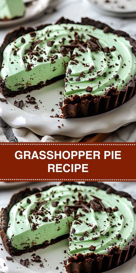 Looking for a refreshing and easy dessert? Try this Grasshopper Pie recipe! Made with a crunchy Oreo crust and a creamy mint filling, this no-bake dessert is perfect for any occasion. Featuring creme de menthe and creme de cacao liqueurs, it offers a delightful blend of mint and chocolate flavors. Top it with chocolate shavings or extra cookie crumbs for the perfect finishing touch. Simple to make and absolutely delicious, this Grasshopper Pie is sure to impress your guests. Mint Grasshopper Cookies, Mint Chocolate Chip Ice Cream Dessert, Easy Grasshopper Pie, Pies With Frozen Pie Crust, Mint Pie No Bake, Grasshopper Pie Creme De Menthe, Mint Oreo Dessert Recipes, Grass Hopper Pie, Chocolate Mint Pie