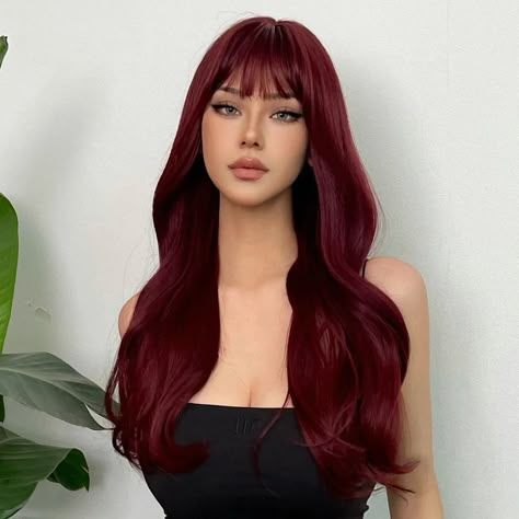 HENRY MARGU-peluca sintética ondulada larga para mujeres negras, con flequillo cabello Natural de alta temperatura, color rojo vino, fiesta de Cosplay - AliExpress Red Hair With Bangs, Wine Hair, Red Hair Inspo, Long Curly Wig, Halloween Wigs, Cosplay Hair, Natural Wigs, Long Red Hair, Wavy Curly Hair