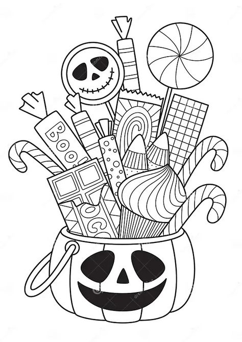 Halloween Pumpkin with Candies Doodle Coloring Book Page. Antistress for Adults Stock Illustration - Illustration of kids, color: 196356482 Halloween Coloring Pages Printable, Candy Coloring Pages, Adult Coloring Books Printables, Kindergarten Coloring Pages, Pumpkin Coloring Pages, Halloween Coloring Book, Bear Coloring Pages, About Halloween, Coloring Supplies