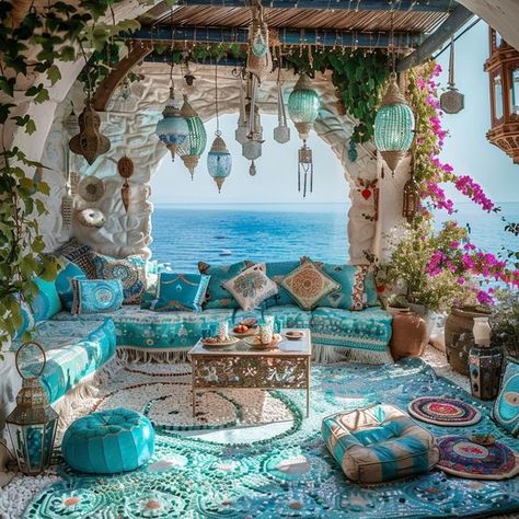 Bohemian Outdoor Spaces, Boho Beach House, Bohemian Patio, Boho Patio, Small Balcony Design, Beautiful Patios, House Outside Design, Boho House, Outdoor Decor Backyard