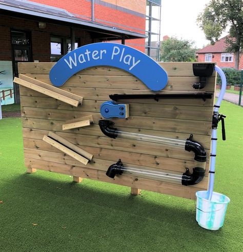 Waterwalls Outdoor For Kids, Eyfs Water Wall, Water Wall Diy Kids, Outdoor Play Wall, Playground Water Play, Water Play Area Outdoor, Kids Outdoor Water Play Area Ideas, Pallet Water Wall Kids, Water Wall Eyfs